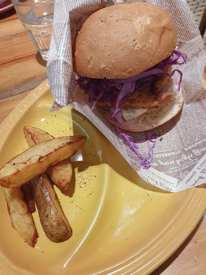 Burger with vegetable patty, red cabbage and mustard at Mr. Farmer - Midtown Hibiya in Tokyo
