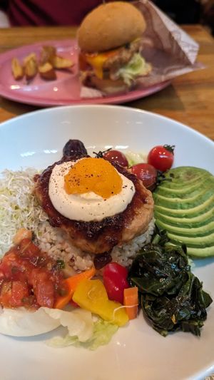 Loco Moco with vegan sunny side up at Mr. Farmer - Midtown Hibiya in Tokyo