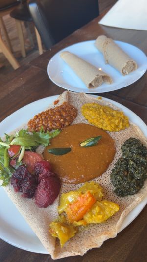 Vegan Combination for 139 KR, which came with “all the blessings of the garden”—a flavorful mix of chickpeas (Shiro), lentils, spinach, cabbage-potato, and beets at Spidsroden in Copenhagen