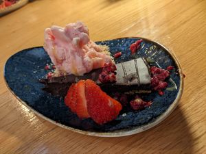 Chocolate cake with strawberry sorbet at Zeeuwse Streken in Middelburg