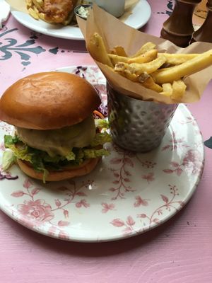 The vegan burger and fries  at The Cosy Club in Lincoln