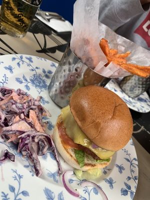 Beyond meat burger with sweet potato fries and house slaw (vegan without requesting) at The Cosy Club in Lincoln
