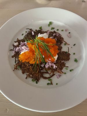 Swedish hash brown with vegan caviar and sour cream (loved this)   at Hotel Abisko Turiststation STF in Abisko