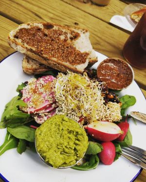 Vegan salad with bread and sunflower-butter! at Babettes in Linkoping