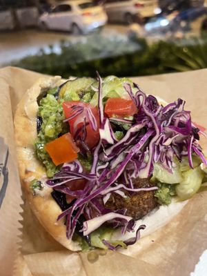 Green falafel with hummus, zhoug and extra fried aubergine   at Daddy Cool in Split