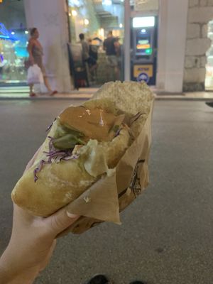 Green falafel with red tahini sauce. Delicious. at Daddy Cool in Split