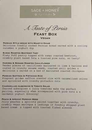 Sample menu - different world-food each time  at Sage & Honey in Burton Upon Trent