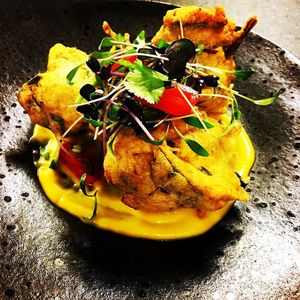 Vegetable Pakora with Carrot & Cardamon purée  at Sage & Honey in Burton Upon Trent