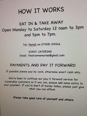 Menu at The Good Heart - Tibetan Memories in Frome