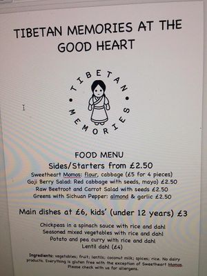 Menu at The Good Heart - Tibetan Memories in Frome