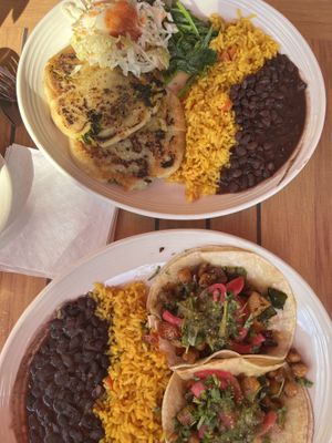 The pupusa platter (top) and vegan tacos (bottom)   at El Golfo in Silver Spring