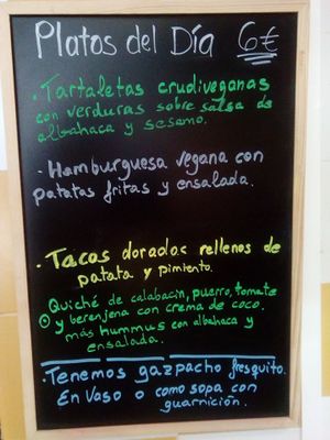 Dish of the day!
Raw tart with vegetables and raw tahini-basil sauce.
Vegan burguer
Crispy corn tacos
Quiche courgette-pumpkin-mushrooms
Gazpacho at La Milpa in Orgiva