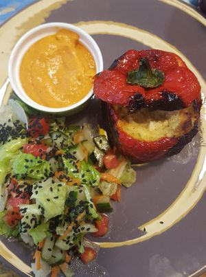 Tortilla stuffed red pepper with salmorejo. Cruelty- free at La Milpa in Orgiva