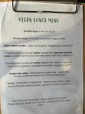 Vegan lunch menu  at Buchanan Bistro in Banchory