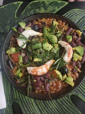 Paella de verduras con gambas veganas at Alvocat in Tarragona