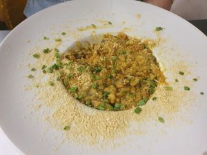 Vegan rissotto with “heura” and nutricional yeast  at Alvocat in Tarragona