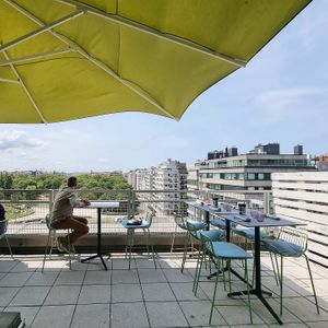 The terrace of the rooftop restaurant at CultuurCafé de Grote Post in Oostende