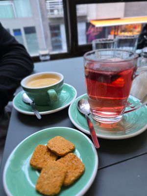 Tea and coffee, cookies first not vegan, then brought these at CultuurCafé de Grote Post in Oostende