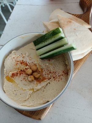 Hummus and pita at Roots Plant-Based Cafe in Da Nang