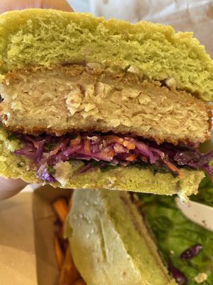Katsu burger inside   at Roots Plant-Based Cafe in Da Nang