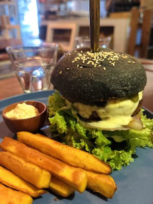 Let’s Plant meat burger (150k VND)  at Roots Plant-Based Cafe in Da Nang
