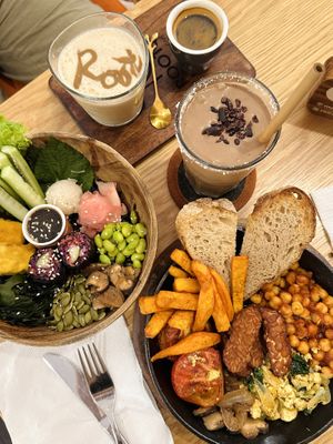 Coconut coffee, Rise Up shake, Japanese nori bowl, Full English breakfast   at Roots Plant-Based Cafe in Da Nang
