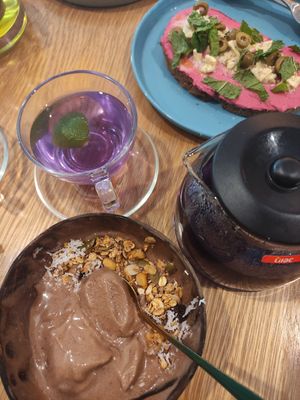 Combo set 1 with cocoa smoothie bowl, beetroot toast and butterfly pea tea at Roots Plant-Based Cafe in Da Nang