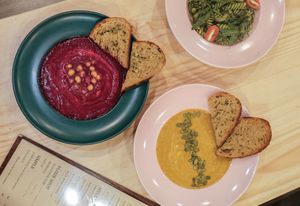 warm beetroots soup and pumpkin soup at Roots Plant-Based Cafe in Da Nang