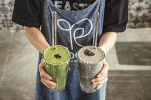 Maringa & spirulina shake
and black sesame shoke at Roots Plant-Based Cafe in Da Nang