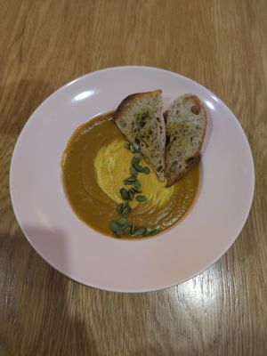 Pumpkin soup at Roots Plant-Based Cafe in Da Nang