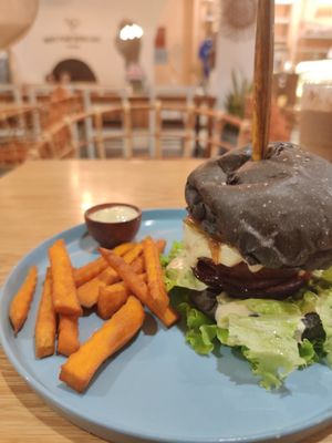 Vegan burger at Roots Plant-Based Cafe in Da Nang