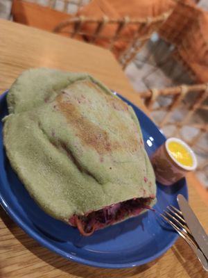 Spirulina pita falafel at Roots Plant-Based Cafe in Da Nang