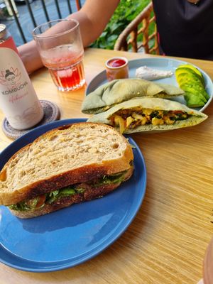 Brekkie Pita and grilled veggies Pesto sandwich at Roots Plant-Based Cafe in Da Nang