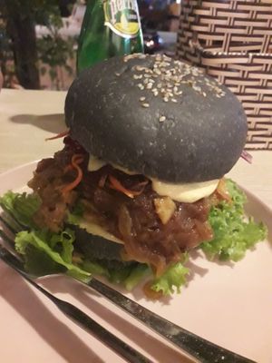 Pulled jackfruit burger at Roots Plant-Based Cafe in Da Nang