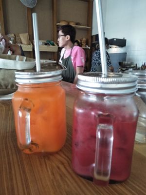 Deep Roots and Yoga & Shine drinks. at Roots Plant-Based Cafe in Da Nang