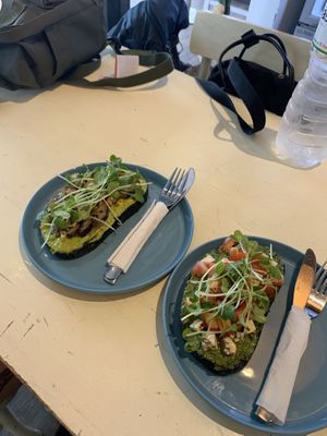 Avocado and Shiitake toast, and Kale-Basil pesto toast; both delicious! at Roots Plant-Based Cafe in Da Nang