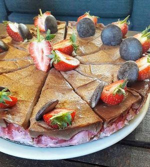 Vegan chocolate and strawberry cheesecake at Fortrose Cafe in Fortrose