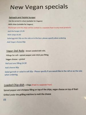 Vegan menu - on request at West Bay Cafe in Westgate-on-sea