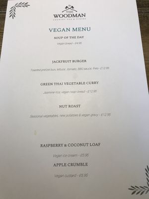 Example menu  at The Woodman in Sevenoaks