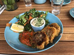 Sweet Potato 🍠 Fritters with Hummus  at Blank Coffee in South West London