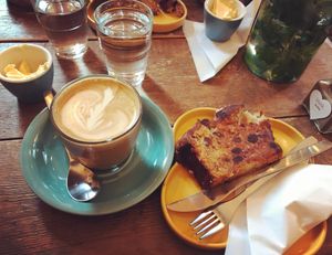 Banana bread and latte  at Blank Coffee in South West London