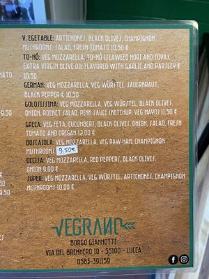 Menu  at Vegrano in Lucca