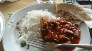 Okra stew with rice and pita. at Papaya in Aqaba