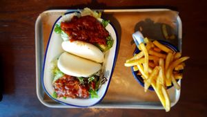 Bao buns filled with bbq pulled jackfruit, served with skinny fries at The Clarendon in Leamington Spa
