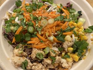 Bowl with purple rice, tofu and lots of veggies including crispy garlic.   at Seoul Spice in Washington