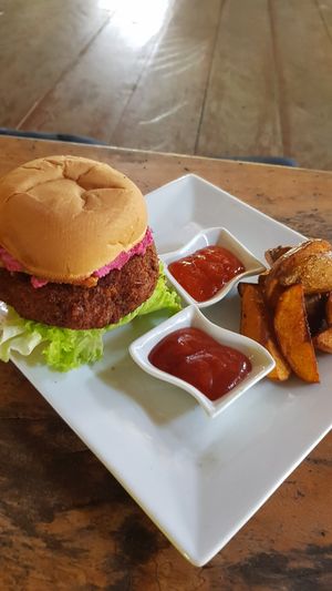 Vegan burger - has also tempeh at The Kasbah in Langkawi