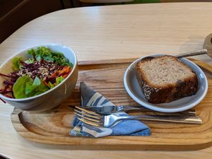 Salad (with burger) and banana bread at Newtree Café in Lyon