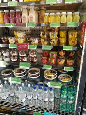 Lots of vegan fruit pots and drinks at Pret A Manger - Exmouth Market in London