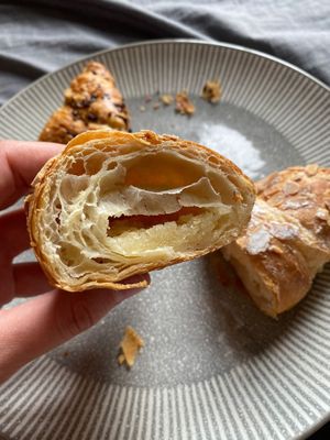 Inside the almond croissant at Pret A Manger - Exmouth Market in London