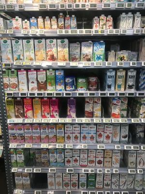 Different plantbased milk brands at Kiss The Ground in Lausanne